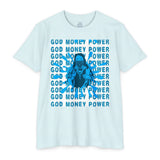 God Money Power Graphic T-Shirt — Blue Anime-Inspired Streetwear