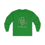 Long Sleeve Tee — Gold Monogram GMP Logo “God, Money, Power”