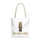 God • Money • Power Tote Bag — Inspirational Gold Block Design