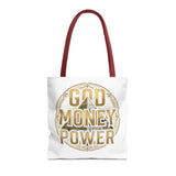 God Money Power Tote Bag — Bold Pyramid Graphic Religious Statement Tote