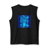 God Money Power Graphic Muscle Tank — Blue Illustration Front, "GOD MONEY POWER" Back