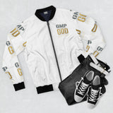 GMP GOD All-Over Print Bomber Jacket — White & Gold Graphic Jacket