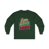 Long Sleeve Tee — 'God Money Power' Bold Graphic Spiritual Streetwear