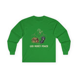 God Money Power Long Sleeve Tee — Inspirational Faith & Prosperity Graphic Shirt