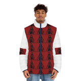Red Graphic Puffer Jacket — Repeated Hooded Figure Print