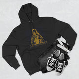 Three-Panel Fleece Hoodie — Vintage Gold Priest Graphic “God Money Power”