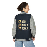 God Money Power Letterman Jacket — Red Varsity Bomber with GMP Gold Logo