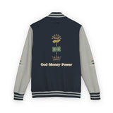 Letterman Jacket — "God • Money • Power" Embroidered Red & White Varsity