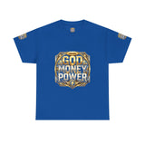 Graphic Tee — "God Money Power" Gold Crest T-Shirt