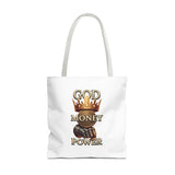 God Money Power Crown Tote Bag — Religious Inspirational Statement Tote