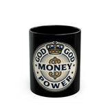 Black Mug — 'God Money Power' Vintage Crest Coffee Cup (11oz & 15oz)