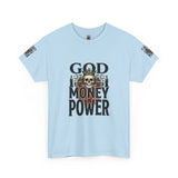 Graphic Tee — "God Money Power" Skull Design