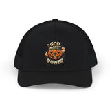 Halloween Pumpkin Trucker Cap — "God Money Power" Graphic Snapback