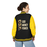 God Money Power Letterman Jacket — Red Varsity Bomber with GMP Gold Logo
