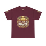 Graphic Tee — "God Money Power" Gold Crest T-Shirt