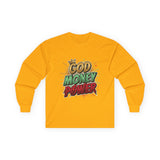 Long Sleeve Tee — 'God Money Power' Bold Graphic Spiritual Streetwear