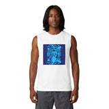 God Money Power Graphic Muscle Tank — Blue Illustration Front, "GOD MONEY POWER" Back