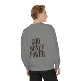 Graphic Sweatshirt — 'God Money Power' Religious Icon Masked Portrait