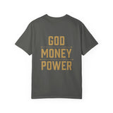 God Money Power T-Shirt — Crown, Coin & Fist Graphic Tee