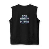 God Money Power Graphic Muscle Tank — Blue Illustration Front, "GOD MONEY POWER" Back