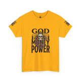Graphic Tee — "God Money Power" Skull Design