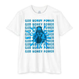 God Money Power Graphic T-Shirt — Blue Anime-Inspired Streetwear