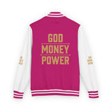 Letterman Jacket — 'GOD MONEY POWER' Red & White Varsity Jacket