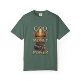 God Money Power T-Shirt — Crown, Coin & Fist Graphic Tee