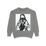 Graphic Sweatshirt — 'God Money Power' Religious Icon Masked Portrait