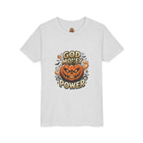 Youth Tee — "God Money Power" Halloween Pumpkin Graphic