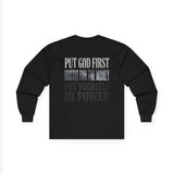 Long Sleeve Tee — "Put God First, Hustle for the Money, Put Yourself in Power" Inspirational Faith & Hustle Top