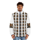 Tiger Pattern Puffer Jacket — 'God, Money, Power' Graphic Men’s Coat
