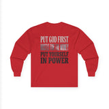 Long Sleeve Tee — "Put God First, Hustle for the Money, Put Yourself in Power" Inspirational Faith & Hustle Top
