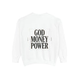 Graphic Sweatshirt — 'God Money Power' Religious Icon Masked Portrait