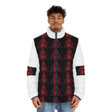 Men's Puffer Jacket — Red & Black Hooded Skeleton Pattern Winter Coat