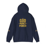 God • Money • Power Hoodie — White Pullover with Gold GMP Logo