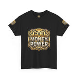 Graphic Tee — "God Money Power" Gold Crest T-Shirt