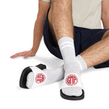 Slide Sandals — White Men's Removable-Strap Slides with Red Monogram Graphic