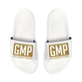 Slide Sandals — White "GMP (God Money Power)" Adjustable Strap Slides for Men