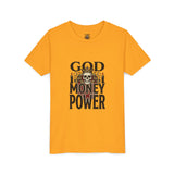 Youth Tee — 'God Money Power' Skull Graphic Shirt