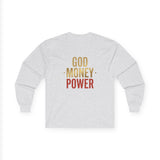 Long Sleeve Tee — 'God, Money, Power' Retro Palm Graphic