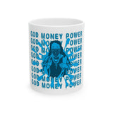 God Money Power Ceramic Mug — Blue Graphic Jesus Design (11oz, 15oz)