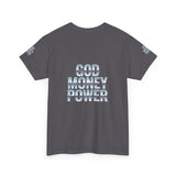 God Money Power Graphic Tee — Blue Anime Design