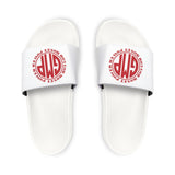 Slide Sandals — White Men's Removable-Strap Slides with Red Monogram Graphic
