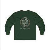 Long Sleeve Tee — Gold Monogram GMP Logo “God, Money, Power”