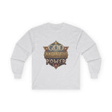 God Money Power Long Sleeve Tee — Vintage Crest Graphic