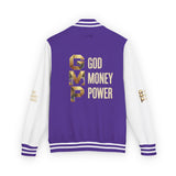 God Money Power Letterman Jacket — Red Varsity Bomber with GMP Gold Logo