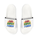 Slide Sandals — "God Money Power" Colorful Logo Pool Slides