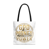 God Money Power Tote Bag — Bold Pyramid Graphic Religious Statement Tote