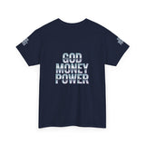 God Money Power Graphic Tee — Blue Anime Design